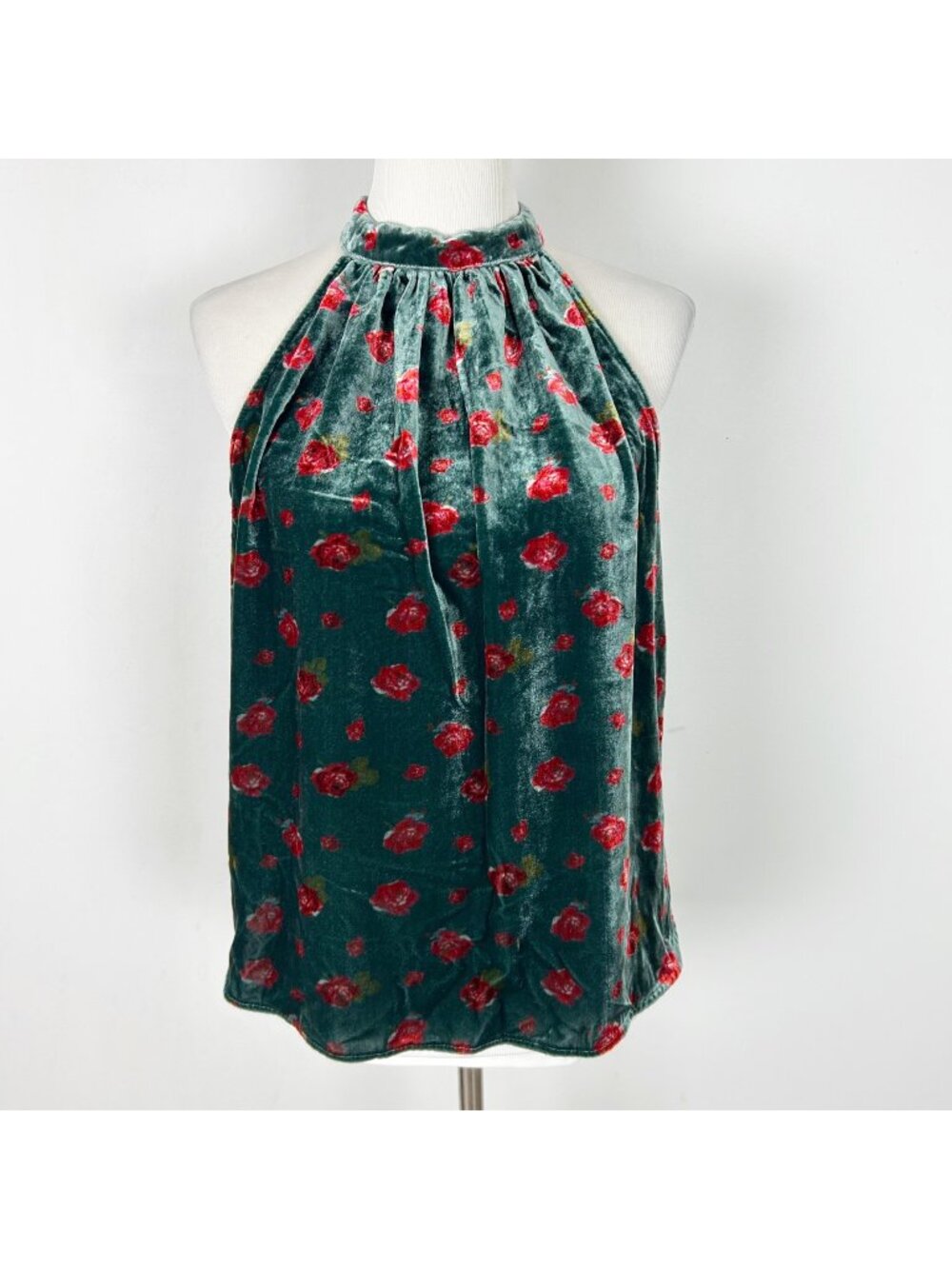 Loft Velvet Halter Neck Top Dark Green Floral Holiday Festive Dressy Size Small